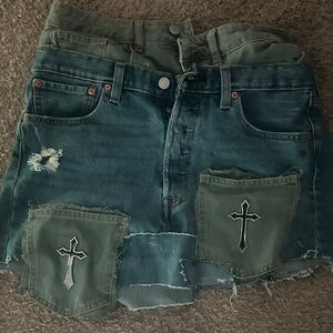 Levi's Distressed Green Mini Skirt with Cross Patches